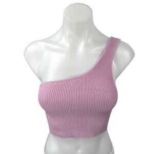 Aritzia Babaton Pink Ribbed Knit One Shoulder Sleeveless Crop Tank Top Size S